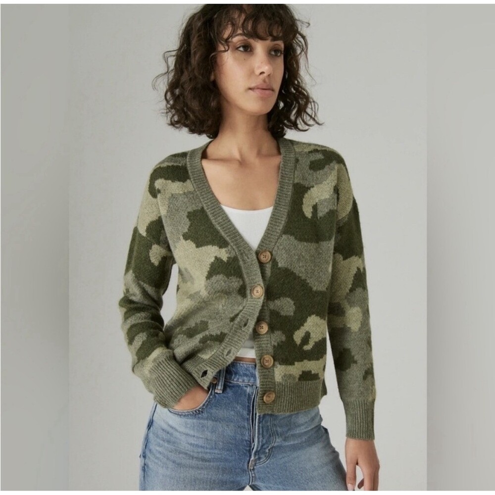 Lucky Brand Camouflage Cardigan Sweater Small Green Button Up Soft Wool Blend